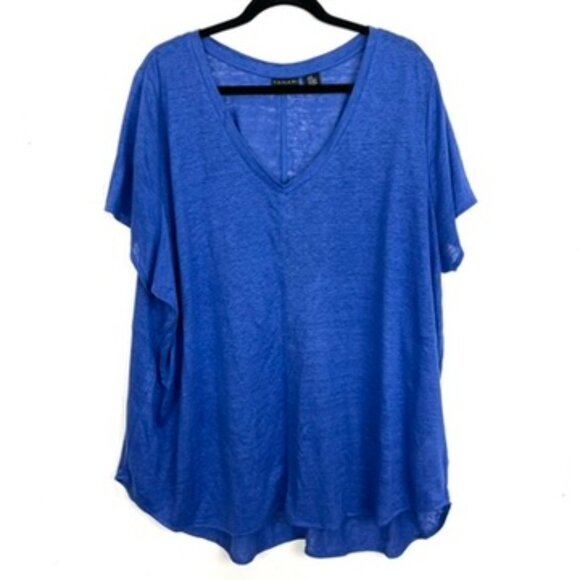 Tahari 100% Linen Short Sleeve Top V-Neck Cobalt Blue 2X - Picture 1 of 4